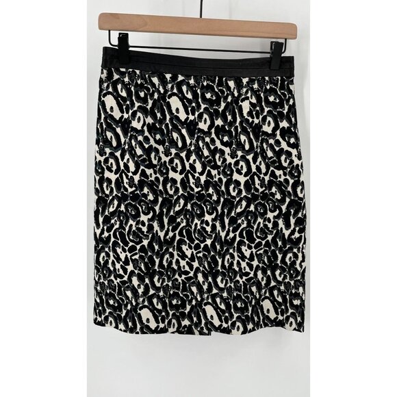 Milly A Line Skirt Leather Trim Animal Print Back Slit Size 2 Black White Grey - Picture 1 of 11
